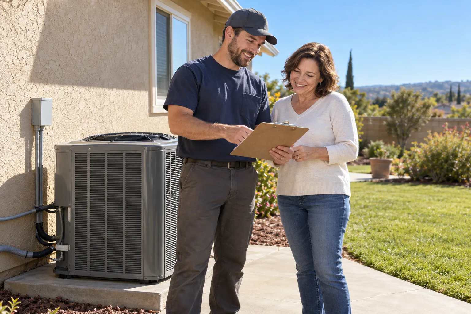 Friendly local HVAC provider and homeowner reviewing a new outdoor AC unit beside a stucco home in Richmond