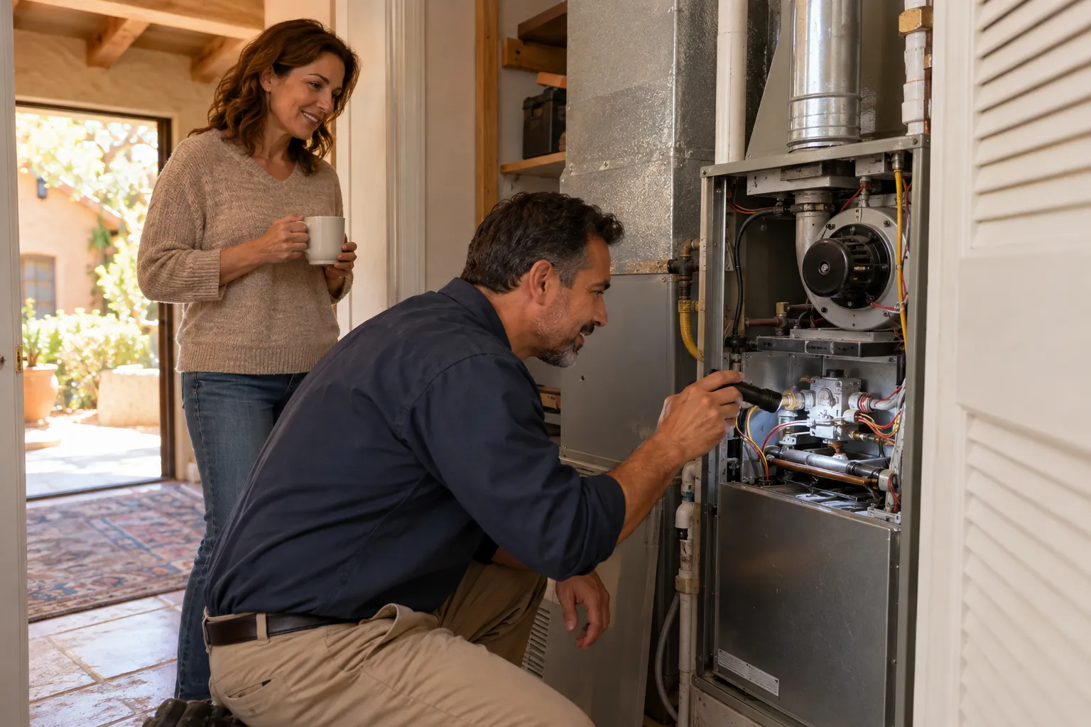 A friendly local HVAC provider checking a home furnace with a homeowner in the Richmond area