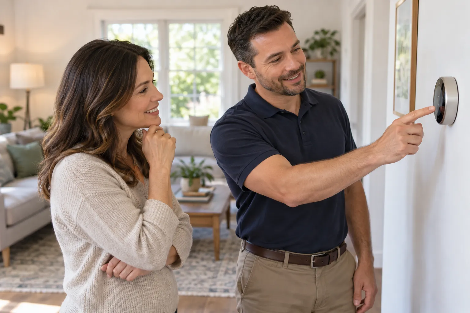 A provider checking a thermostat inside a home in the Richmond area