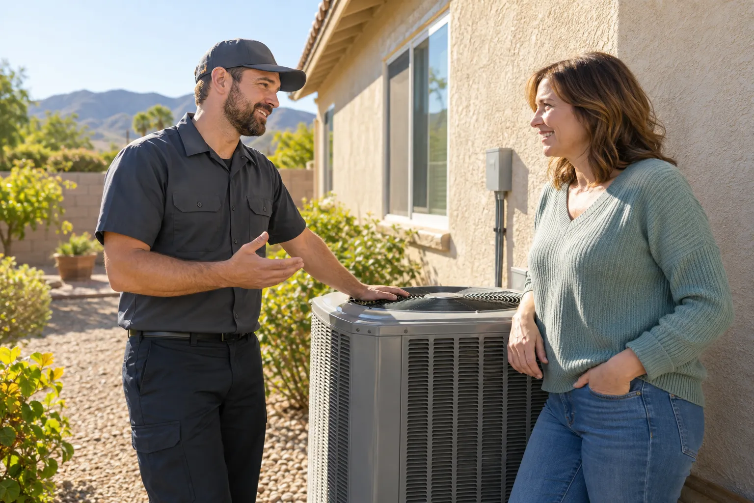 A homeowner talking with an HVAC provider beside an outdoor AC unit at a Richmond home