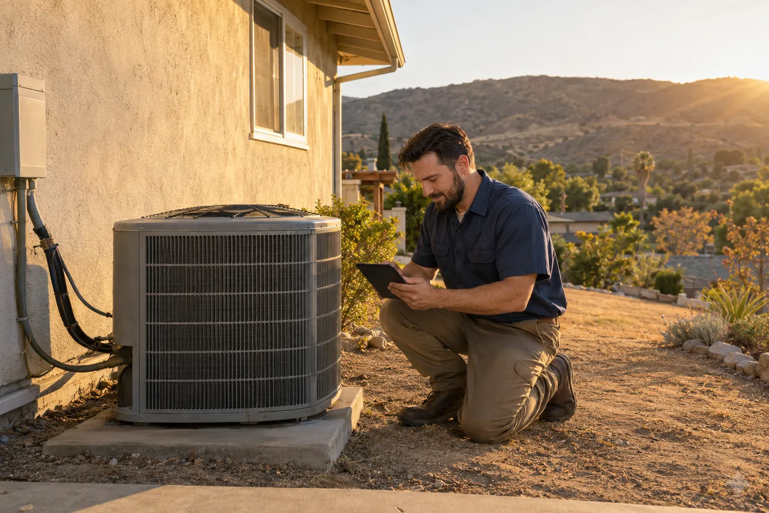 A tract home with an AC unit on the side yard in Richmond